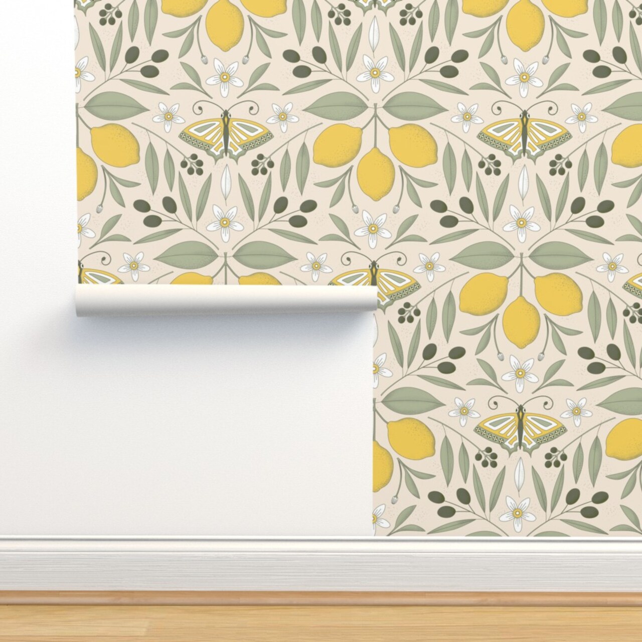 Yellow Butterfly Damask Olive Lemon Botanical Italy Pastel Colors Mediterranean Tree Large Scale Citrus Moth Insects Custom Pre-pasted Wallpaper by Spoonflower Pre-Pasted Wallpaper 2FT Wide